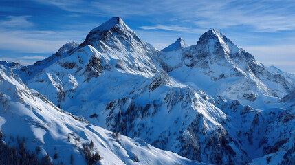 Fototapeta premium Snow-dusted mountain peaks under a clear blue sky.