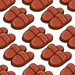 Fototapeta premium Seamless vector pattern of cozy terracotta colored fluffy slippers, ideal for textile design or winter themed backgrounds.