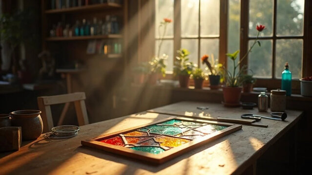 Colorful stained glass. Creative workshop. Close up. 