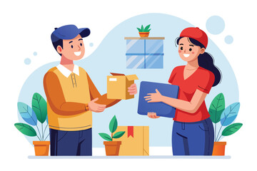 Delivery Service Illustration Featuring Delivery Man Handing a Box to a Smiling Customer in a Friendly and Efficient Manner