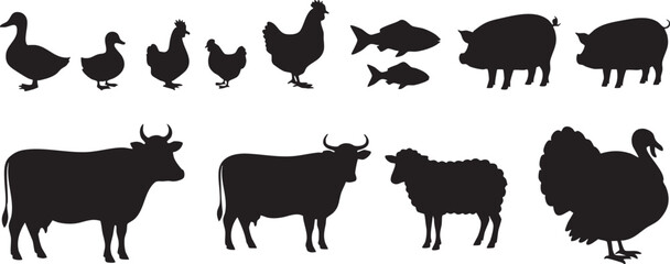 Collection of farm animal silhouettes on a white background, farm animals, silhouette, collection, livestock, agriculture, domestic animals, cow, sheep, turkey, pig, duck, chicken, hen, rooster, fish,