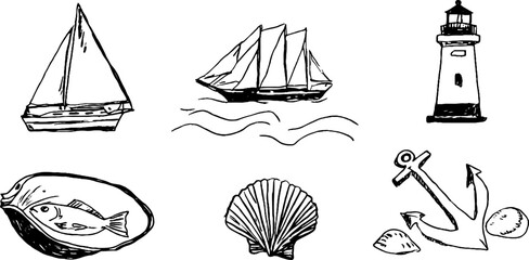 Nautical sketch set: sailboats, lighthouse, and sea elements for design and decor