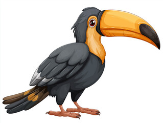 Fototapeta premium Colorful cartoon toucan illustration featuring a large yellow-orange beak, black feathers, and a playful expression, showcasing vibrant details and whimsical design elements