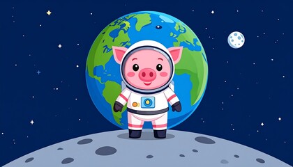 A cheerful pig astronaut stands on the moon, with Earth in the background, in a vibrant space scene.