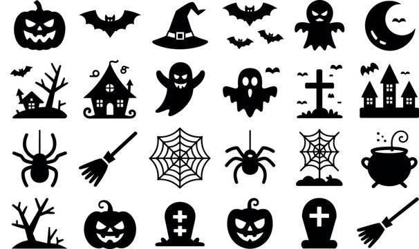 Collection of spooky halloween silhouettes featuring pumpkins ghosts bats spiders and haunted houses