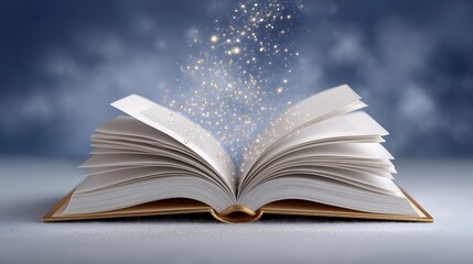Magic sparks emerge from an open book creating a whimsical atmosphere