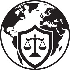 Global Justice Shield Emblem Symbolizing International Law and Order with Earth Silhouette