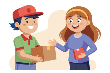 Delivery Service Illustration Featuring Delivery Man Handing a Box to a Smiling Customer in a Friendly and Efficient Manner