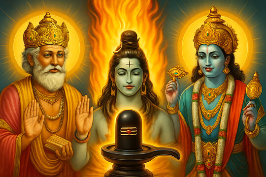 Divine Hindu trinity worshipping Shiva Lingam in radiant golden temple setting