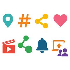 Modern Social Media Icon Pack – 10 Unique Vector Logos. |A professionally designed set of 10 unique social media-related vector icons, including symbols for location, hashtag, sharing, messaging