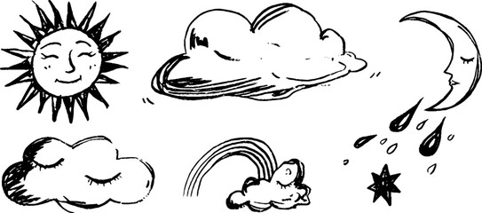 Black and white sketch collection of smiling sun, moon, and clouds with raindrops and rainbow