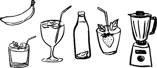 Black and white sketch set of smoothie ingredients and blender for kitchen design