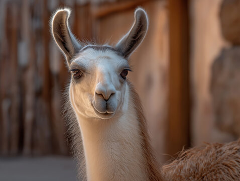Llama with soft fur and expressive eyes stands in a rustic environment, showcasing its unique features and gentle demeanor, embodying the charm of wildlife
