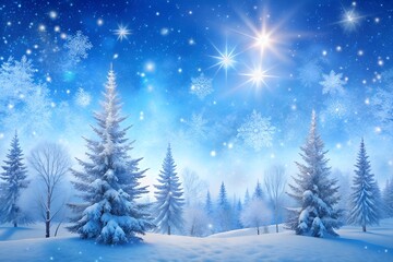 Enchanting winter forest at night with snowcovered pine trees and sparkling snowflakes under a starry blue sky
