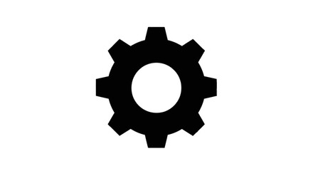 A simple black gear icon on a white background, representing settings, mechanics, or industry.