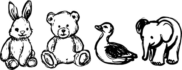 Black and white sketch collection of stuffed animals for design and decor