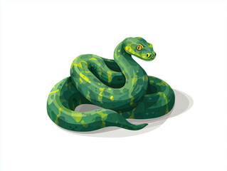 Fototapeta premium Green snake illustration coiled gracefully on a white background, showcasing vibrant scales and intricate patterns, embodying the beauty of wildlife and nature