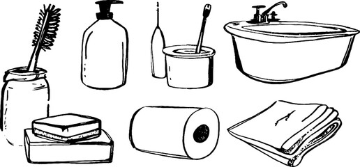 Black and white sketch set of bathroom essentials and toiletries