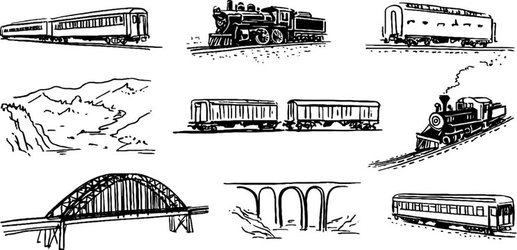 Black and white train sketches collection for art and design projects