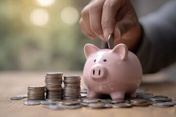 Hand placing coin into pink piggy bank