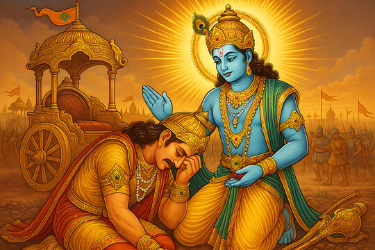 Lord Krishna Consoles a Despairing Arjuna on the Battlefield of Kurukshetra
