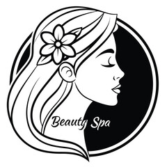 Elegant Beauty Spa Logo Featuring a Woman in Profile with a Flower Ornament and Stylish Typography Displayed in a Circle