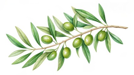 Obraz premium Botanical illustration of an olive branch bearing green olives and slender leaves on a white background.