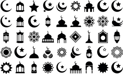 Collection of islamic symbols and motifs featuring crescent moons stars lanterns and mosque silhouettes