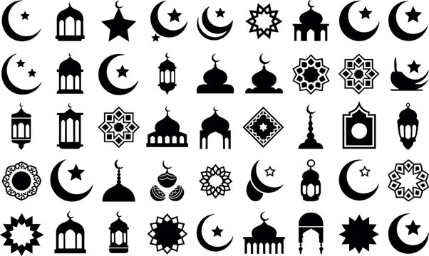 Collection of islamic symbols and motifs featuring crescent moons stars lanterns and mosque silhouettes - Powered by Adobe