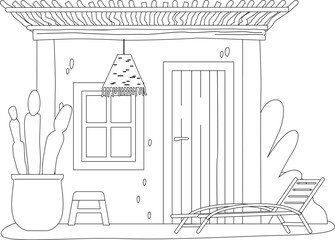 Fototapeta premium Wooden beach house black-and-white vector illustration