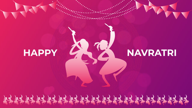easy to edit vector illustration of Indian people dancing Garba dance for Dandiya Disco Night event on Navratri Dussehra festival of India, Dandiya in disco Garba Night banner poster for Navratri
