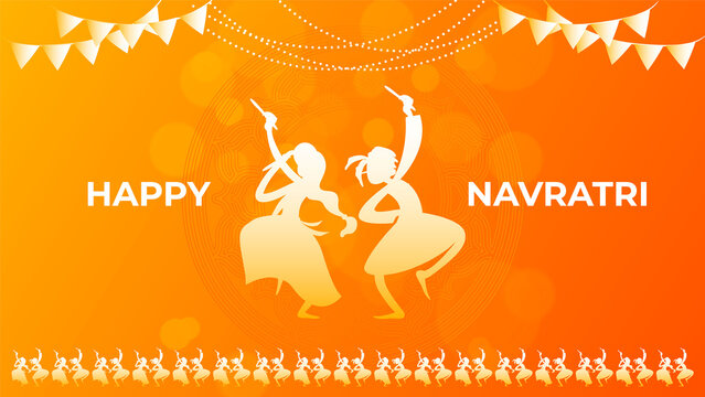easy to edit vector illustration of Indian people dancing Garba dance for Dandiya Disco Night event on Navratri Dussehra festival of India, Dandiya in disco Garba Night banner poster for Navratri
