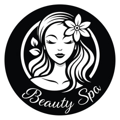 Adobe IlluElegant Beauty Spa Logo Depicting a Woman with Flowing Hair and a Flower Adornment in a Circular Black Framestrator Artwork