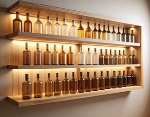 Estante de madera lisa con botellas de vidrio alineadas sin etiquetas visibles