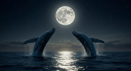 Fototapeta premium Two humpback whales breaching the ocean surface under a full moon at night, creating a magical and serene atmosphere.