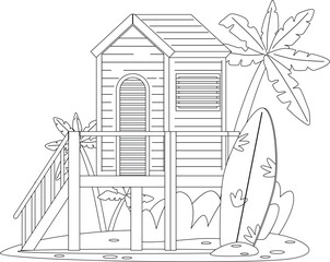 Elevated wooden beach house black-and-white