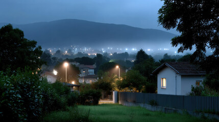 A serene twilight scene showing a misty neighborhood, softly lit by street lamps and a distant mountain, evoking feelings of calmness and peacefulness in twilight.