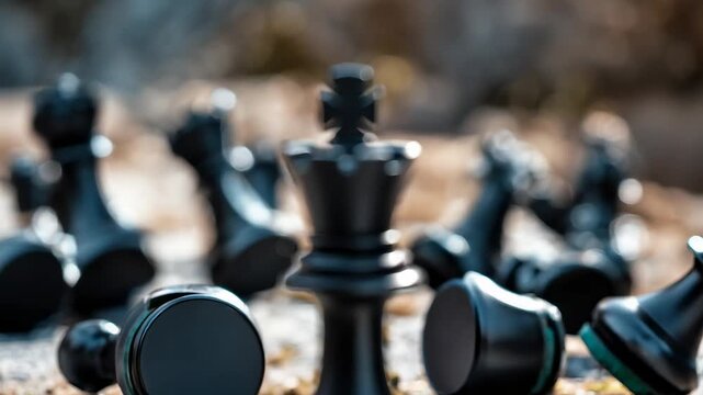 Chess Pieces Scattered Board Game Strategy Black King Outdoor Table Competition Mind