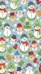 Cute snowman pattern with hats and scarves, perfect for winter holiday decorations, greeting cards, and festive celebrations