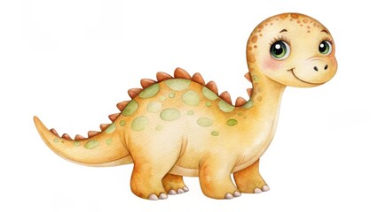 Obraz premium Cute watercolor cartoon dinosaur with green spots and a friendly smile, perfect for children's decor, nursery art, and playful design projects.