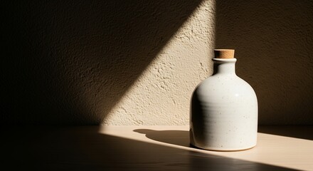Ceramic Bottle Still Life Photography with Dramatic Light and Shadow on Wooden Surface  Minimalist Home Decor Image