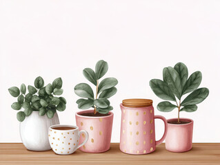Charming potted plants in colorful ceramic containers on a table.
