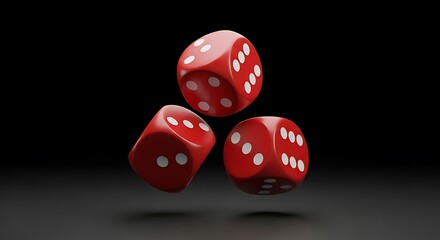Three red dice float against dark backdrop showing probabilities and numerical combinations with white dots