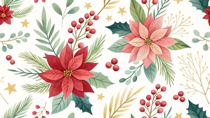 Seamless pattern with red and pink poinsettias, green leaves, and red berries on a white background