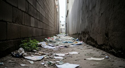 Dirty Alleyway with Trash and Debris  Urban Decay Scene Stock Photo for Environmental Awareness or Cityscape Backgrounds