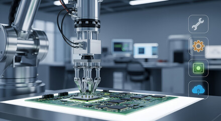 Advanced robotic arm manufacturing a microchip with digital icons, symbolizing innovation, artificial intelligence, and cutting-edge technology in smart factories