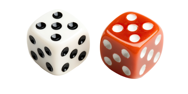 Pair of red and white dice isolated on white transparent background