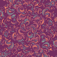 Abstract swirling patterns in muted purples, oranges, and grays. Intricate and detailed design for textile or graphic design applications.