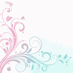 Fototapeta premium Floral decorative design with pastel shades of pink and teal in a corner setting. Intricate swirls and leaf shapes with splattered accents create a soft and elegant aesthetic.