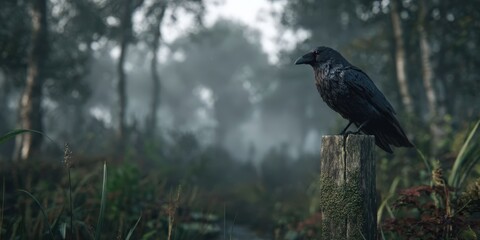 Crow Perched on a Post in a Misty Forest Scene